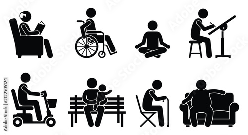 Seated diversity silhouettes showing various people in different sitting poses as vector icons