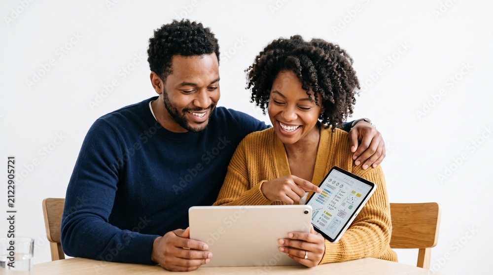 Fototapeta premium Happy Black Couple Collaborating on Digital Tablets Discussing Business Charts and Graphs Together