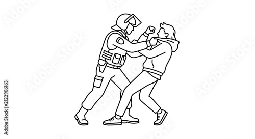 Принти на полотні Police officer and civilian altercation black line drawing on white background