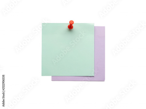 Pastel green and purple sticky notes pinned with red pushpin isolated on transparent background for office tasks