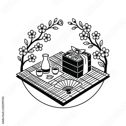 Japanese Bento Box, Sake Set, and Cherry Blossoms - Traditional Food and Culture Icon