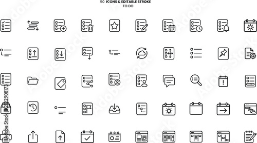 To-Do List & Task Management Line Icons – Workflow planning, productivity checklists, goals, and organization icons with editable stroke on transparent background.