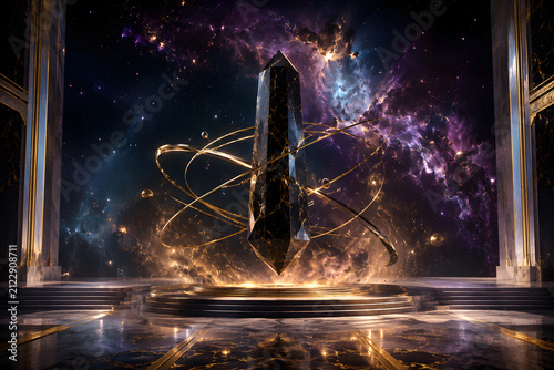 Luxury Cosmic Sanctuary with Floating Obsidian Monolith and Golden Celestial Rings