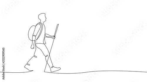 Continuous line hiker with backpack trekking pole. Minimalist one line art drawing. Cards websites business cards logos bags covers branding. White background vector illustration.