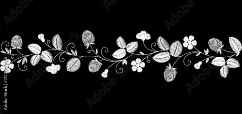 White strawberry floral embroidery border pattern. Folk needlework sketch style. Clothing towel bag cover print design. Black background hand-stitched vector art.