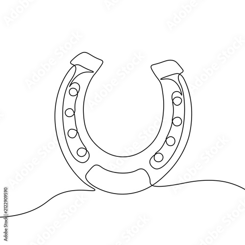 Continuous line horseshoe shape drawing. Minimalist one line art luck charm symbol. Postcards websites business cards logos bags covers branding. White background black outline vector illustration.