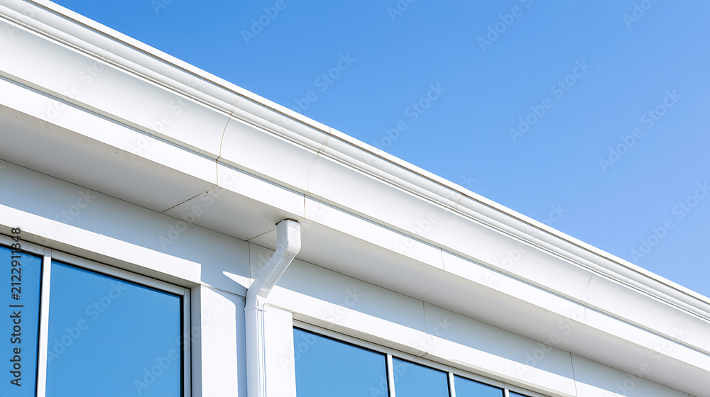 Fototapeta premium Modern architectural detail of a building with white exterior, gutters, and large windows reflecting a bright blue sky on a sunny day