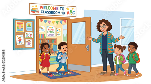 Multicultural school children entering classroom with teacher, colorful education vector illustration, happy students returning to class with backpacks, beginning of academic year concept