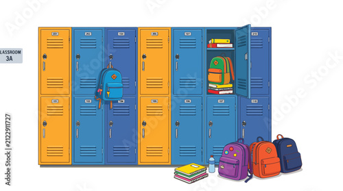 Colorful school lockers with backpacks and books, vibrant back to school illustration, classroom storage facilities, student luggage and supplies, educational setting with open metal cabinets