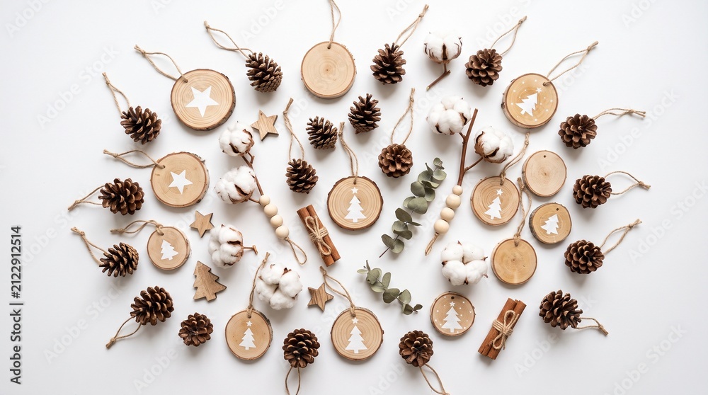 Obraz premium Rustic Christmas Ornaments Flat Lay with Pine Cones Cotton and Wood Slices