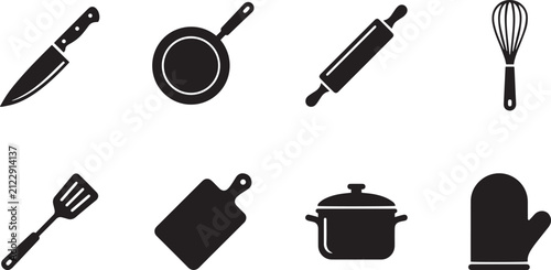 A collection of various kitchen utensils and cooking equipment icons presented in a clean and minimalist black and white graphic design style silhouette