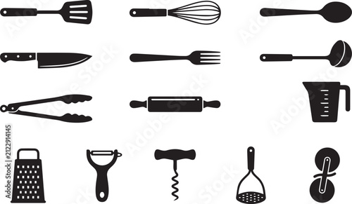 Collection of various kitchen utensils and cooking tools represented in a clean black and white graphic design style as a flat silhouette