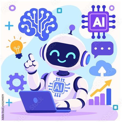Friendly AI Robot Working on Laptop with Smart Technology Innovation Icons