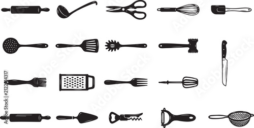 Collection of various kitchen utensils and cooking tools arranged in a clean and minimalist black and white graphic design silhouette