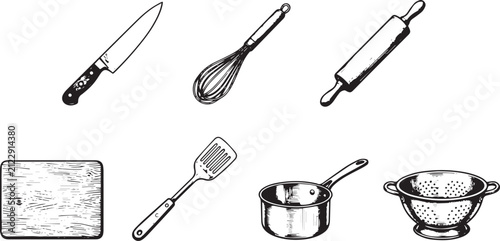 Collection of various kitchen utensils and cooking equipment isolated on a white background presented as a simple black graphic silhouette