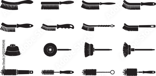 Collection of various industrial wire brushes and abrasive cleaning tools displayed as a detailed black and white graphic design icon set silhouette
