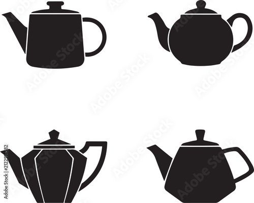 A collection of four different vintage tea pot designs displayed as a clean black and white graphic art style silhouette