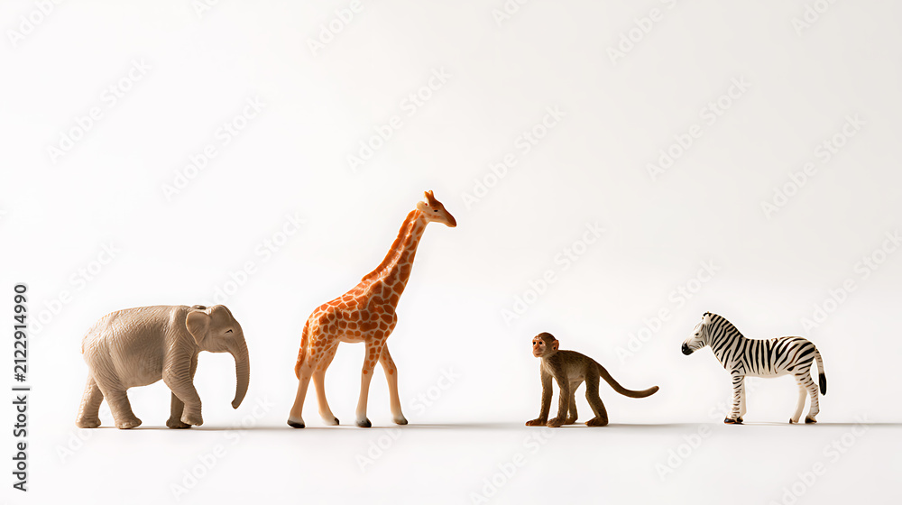 Obraz premium A captivating horizontal studio shot of various wild animal toys including an elephant, giraffe, monkey, and zebra, isolated on a bright white background