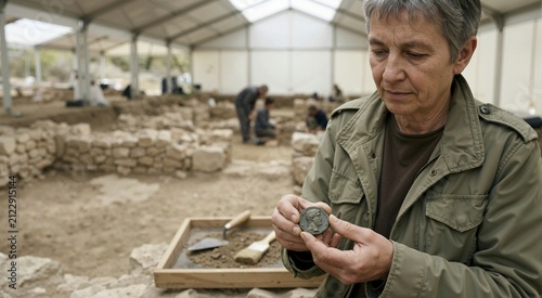 Archaeologist holding ancient bronze coin artifact at excavation site. Scientist examining historical discovery with team working in background