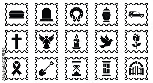 Obraz na płótnie Funeral symbols and memorial icons in black silhouette style against a white bac