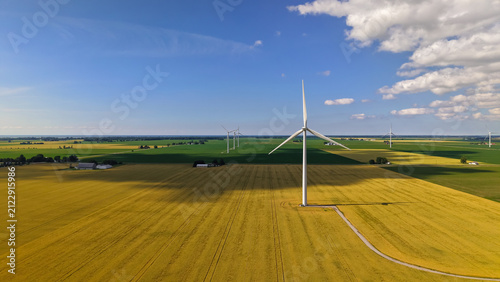 Wind turbines generating renewable energy in vast agricultural field