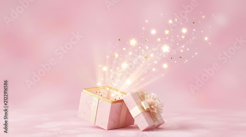 A beautiful small gift box with a white ribbon bow opening to reveal magical glowing sparkles on a soft pastel pink background