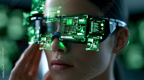 Futuristic cyborg implant concept with glowing green circuits and holographic data displays, transhumanism technology theme, defocused background, with copy space