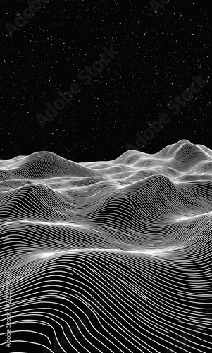 Monochrome wireframe waves roll beneath a star-filled black sky, creating a futuristic abstract landscape from a low perspective.