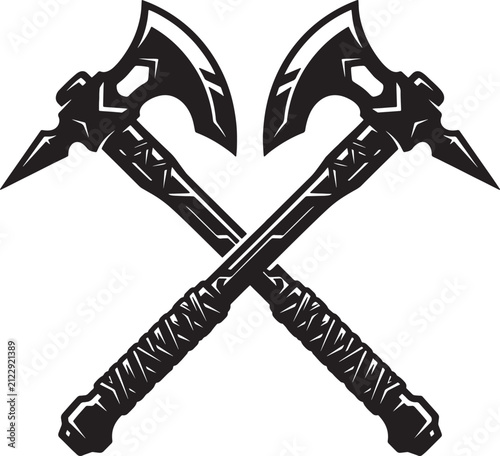 Two crossed battle axes, fantasy weapon emblem, medieval warrior symbol.