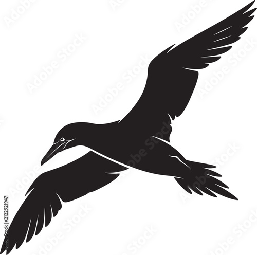 Elegant bird in flight vector silhouette, featuring a graceful albatross or seagull soaring with outstretched wings.