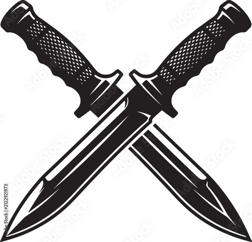 Two combat knives with textured handles and sharpened blades crossed in an x-shape, illustrating military theme.