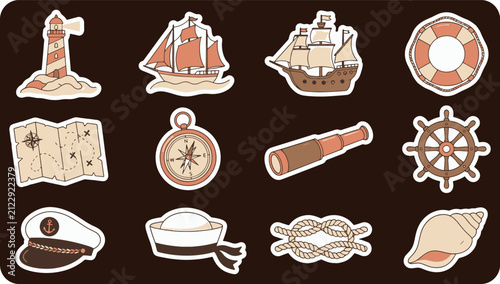 Nautical and maritime themed hand drawn stickers set with ships and sailing accessories nautical maritime lighthouse navigation steering lifebuoy telescope adventure collection