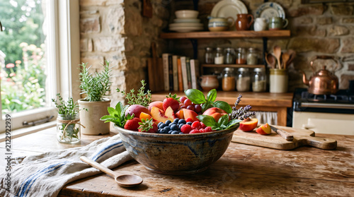 Fruit bowl containing fresh berries and sliced peaches sits on a rustic wooden kitchen counter near a sunny window in a country home.