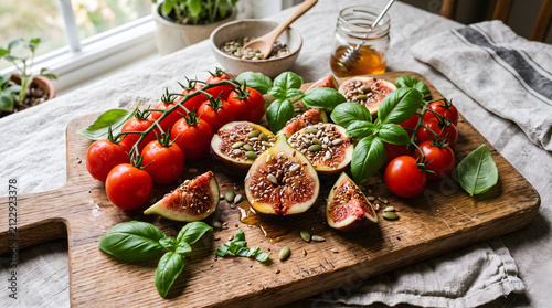 Cherry tomatoes and sliced figs are arranged artistically on a rustic wooden cutting board alongside fresh green basil leaves and a small bowl of seeds prepared for a healthy gourmet appetizer.