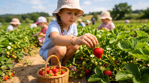 Child wearing a sun hat harvests a large ripe strawberry from a green plant in a vast field while other young farmers collect berries in baskets under the bright morning sunlight of summer.