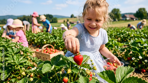 Girl picks a fresh red strawberry from a leafy plant in a sunny field while other children gather fruit in the background during a pleasant summer day at the local organic family farm harvest.