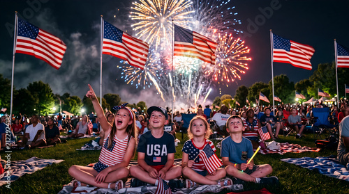 Children sit on a blanket during a Fourth of July celebration while watching vibrant fireworks illuminate the night sky above American flags waving in the summer breeze during a festive public event.