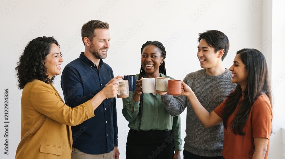 Obraz premium Diverse group of friends or colleagues celebrating with coffee mugs in a bright, modern setting