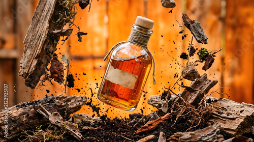Glass bottle filled with golden extract hovers over scattered pieces of splintered wood and dark soil in a dramatic display that emphasizes the raw connection between natural resources and luxury.