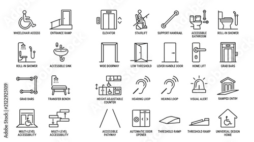 Collection of accessibility and facility icons in black and white.