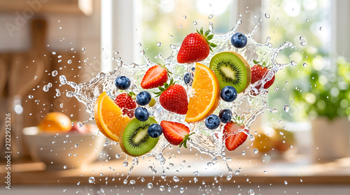 Fruit mix with splashing water creates a refreshing atmosphere in a bright kitchen setting where vibrant strawberries, kiwi slices, and orange segments float in the air to showcase healthy lifestyle.