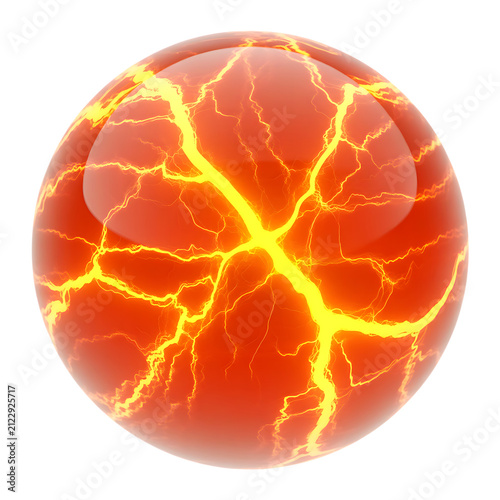 Glowing fiery sphere with bright orange lightning cracks rendered as 3D PNG isolated on transparent background.