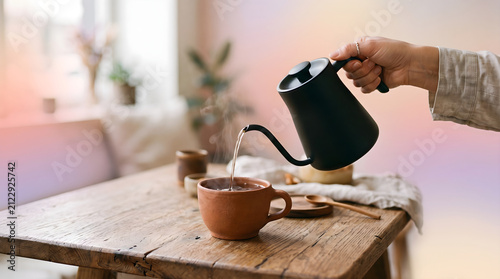 Person pours hot water from a black gooseneck kettle into a brown clay cup sitting on a rustic wooden dining table as steam rises gently in a bright and serene home setting during the early morning.