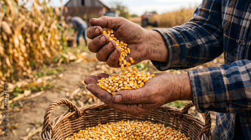 Farmer pours golden corn kernels from his weathered hands into a woven basket while working in a sprawling field.