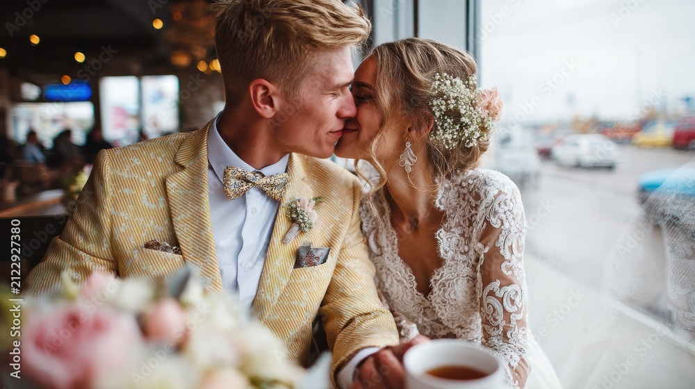 Fototapeta premium A Romantic Wedding Moment A Couple Cherishing a Sweet Kiss Beneath the Beautiful Decorations and Flowers
