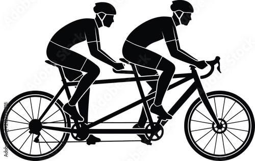 Bild auf Leinwand Two male cyclists riding tandem bicycle wearing safety helmets silhouette vector