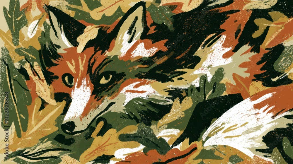 Fototapeta premium A fox hides among colorful leaves in an autumn scene. The artwork features rough brush strokes and a grainy texture.