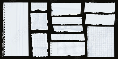 Foto Torn notebook paper pieces with perforated edges isolated on black