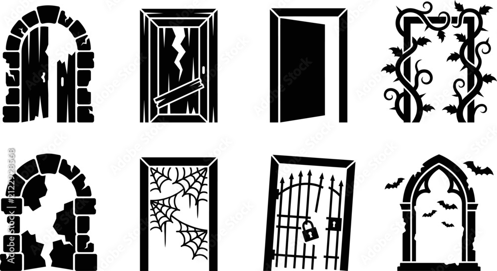 Fototapeta premium Black Gothic Haunted Doorway Gate and Portal Silhouette Vector Collection