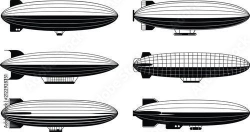 Vintage zeppelin airship silhouette vector pack featuring retro blimp aircraft dirigible transport icons and steerable balloon flight graphics